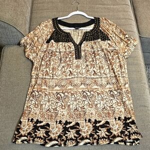 Lucky Brand Boho Casual Western Relaxed Black Cream Top Blouse Size 2X